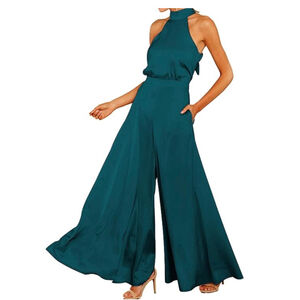 NEW Satin Sleeveless Halter Jumpsuit Pockets Wide Leg L